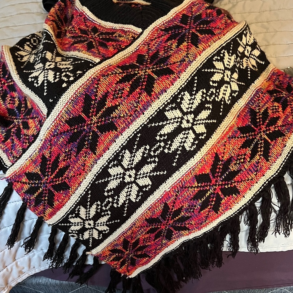 Retro Boho Winter Poncho Fair Isle Design Pullover style, no closures multicolor